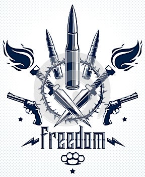 Bullets and guns vector emblem of Revolution and War, logo or tattoo with lots of different design elements, anarchy and chaos