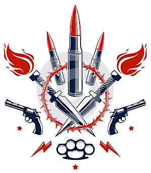 Bullets and guns vector emblem of Revolution and War, logo or tattoo with lots of different design elements, anarchy and chaos