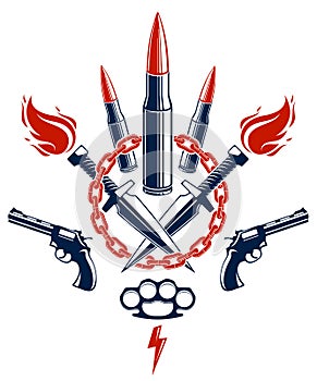 Bullets and guns vector emblem of Revolution and War, logo or tattoo with lots of different design elements, anarchy and chaos
