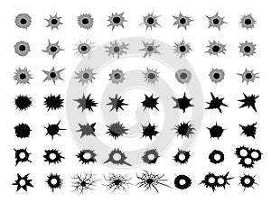 Bullets holes. Cracked dots from gunshot shooting area recent vector silhouettes collection