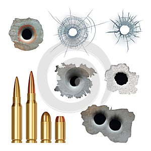 Bullets realistic. Damaged cracked gun holes surfaces and bullets different caliber armor rifles vector collection