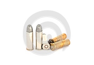 Bullets for .38 revolver handgun on white background