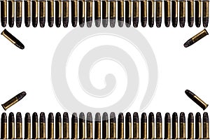 Bullets and shell bullets on white background. A group of 9mm bullets for a gun isolated on white background. Ammunition on white