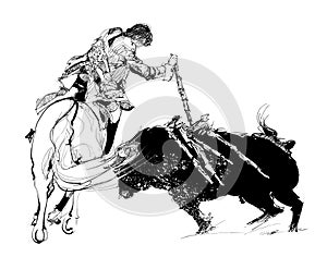 Bullfighter on horse with bull during corrida in Portugal
