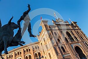 Bullfighter sculpture in front of Bullfighting arena Plaza de Toros de Las Ventas in Madrid, Spain.