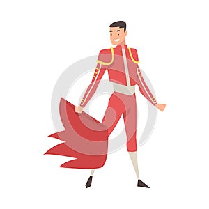 Bullfighter, Toreador Character Dressed in Traditional Red Costume Waving Cape, Spanish Corrida Performance Cartoon