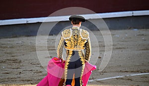 Bullfight in spain with Big black bull in the spanish bullring