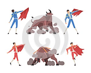 Bullfighting with Toreador Fighting with Furious Bull Vector Set