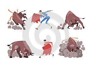 Bullfighting with Toreador Fighting with Furious Bull Vector Set