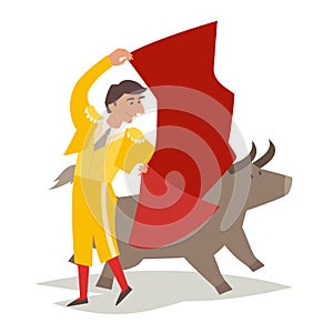 Bullfighting vector illustration. Toreador man in red cape