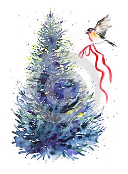 Bullfinch bird flies up to the Christmas tree with a festive red ribbon. Watercolor illustration isolated on white background