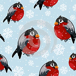 Bullfinch birds seamless pattern with snowfall. Merry Christmas collection background. Winter texture. Vector
