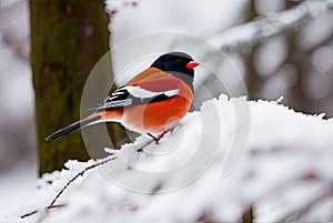 Bullfinch on a tree branch in the winter forest. Generative Ai