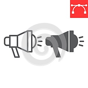 Bullhorn line and glyph icon, loudspeaker and megaphone, spread of information sign vector graphics, editable stroke