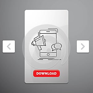 bullhorn, marketing, mobile, megaphone, promotion Line Icon in Carousal Pagination Slider Design & Red Download Button