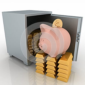 Bullions and piggy bank in a security safe photo
