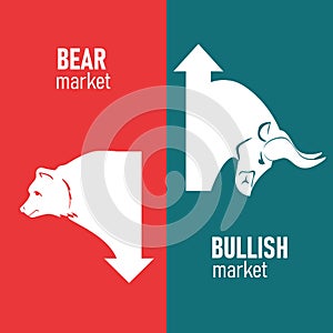 Bullish And Bearish Markets. Silhouette of a bull and a bear in front of trending arrows in between of them. Vector.