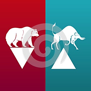 Bullish And Bearish Markets. Silhouette of a bull and a bear in front of trending arrows in between of them. Vector.