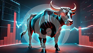 Bullish Market Symbolized by Charging Bull with Digital Background photo