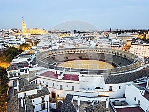 Bullring of the Real Maestranza de CaballerÃÂ­a surrounded by white architecture in Sevilla, Andalusia, Spain photo