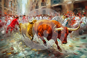 Bulls running festival painting. Generate ai photo