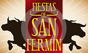 Bulls Silhouette and Red Label for Spanish San Fermin Celebration, Vector Illustration photo