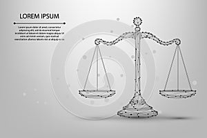 Abstract mesh line and point scales of justice symbols. Low poly wireframe law judgement concept. Polygonal vector futuristic