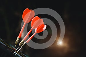 Bullseye or Bulls eye target or dartboard has dart arrow throw hitting the center of a shooting for financial business targeting
