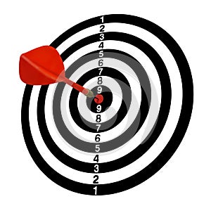 Bullseye target. Goal. Aim. Full-1. The red arrow in the top ten. Isolated. White tone.