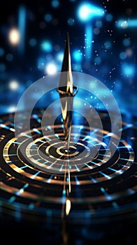 Bullseye target struck by a wireframe arrow on a deep blue 3D rendering