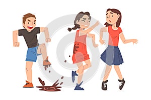 Bully Boy Jumping into Puddle and Dirtying Girls with Mud, Mockery and Bullying at School Concept Cartoon Style Vector