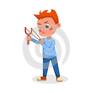 Bully Boy Shooting with Slingshot, Naughty Hoodlum Kid Character Cartoon Style Vector Illustration photo