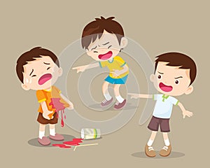 Bully children boy the bad habit to friend with a drink falling onto the floor