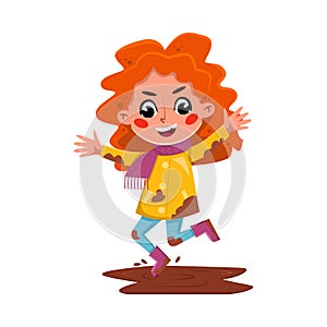 Bully Girl Character Jumping into Dirty Puddle, Naughty Hoodlum Kid Character Cartoon Style Vector Illustration photo