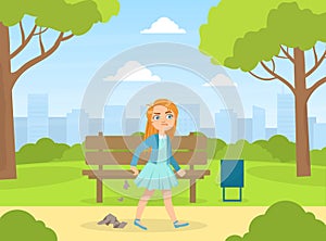 Bully Girl Littering in the Park, Kids Aggressive Uncontrollable Behavior Cartoon Vector Illustration