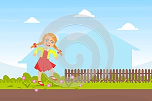 Bully Girl Treading Down Flowers in Meadow, Kids Aggressive Behavior Cartoon Vector Illustration