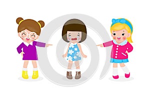 Bullying children at school. School girls and gill laughing and pointing at cry girl  kids bully friend bad behavior, Bullying