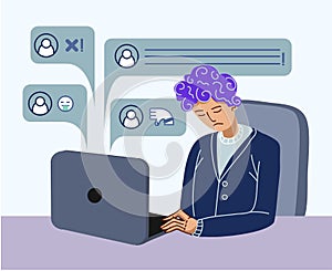 Bullying on the net. The guy is sitting at the computer and getting bad comments. Vector cartoon flat illustration.