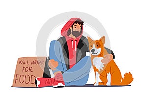 Bum with Dog Sit on Ground on Street Begging Money and Holding Cardboard Banner Will Work for Food, Homeless Unemployed
