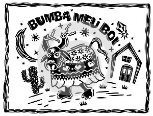 Bumba meu boi. Traditional folk dance from north-eastern Brazil. Cordel woodcut illustration