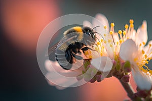 Bumble bee on a cheery blossom, Generative AI