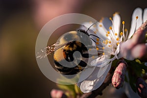 Bumble bee on a cheery blossom, Generative AI