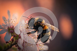 Bumble bee on a cheery blossom, Generative AI