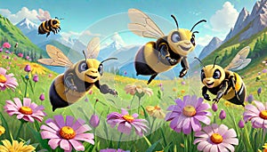 Bumblebee cartoon caricature flight feeding nectar flowers