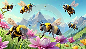 Bumblebee cartoon caricature funny flight flowers
