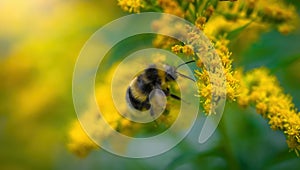 Bumblebee collects flower nectar of goldenrod