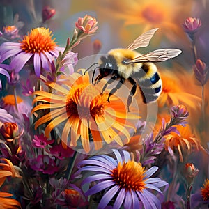 Bumblebee collects nectar from flowers. Nature background. Digital painting