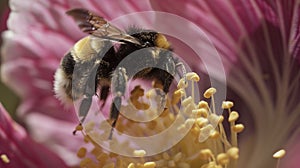 A bumblebee landing delicately on a colorful pollencovered flower photo