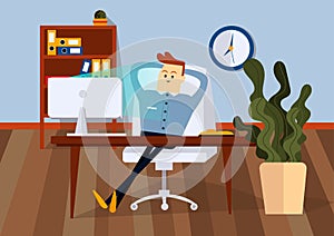 Bummer sitting on office chair at a computer desk. Color vector illustration