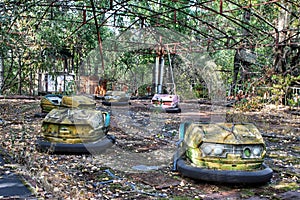 Bumper cars at the abandoned amusement park near Pripyat, Ukraine, in the Chernobyl exclusion zone.